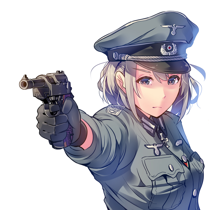 1girl aiming blonde_hair daito gloves gun handgun hat holding holding_gun holding_weapon iron_cross military military_hat military_uniform original short_hair solo uniform upper_body walther walther_p38 weapon white_background