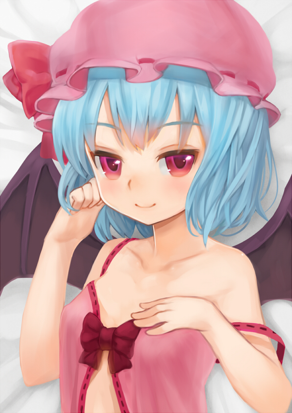 babydoll bad_id bad_pixiv_id blue_hair flat_chest hand_on_own_chest hands hat looking_at_viewer mamepon red_eyes remilia_scarlet short_hair smile solo strap_slip touhou upper_body