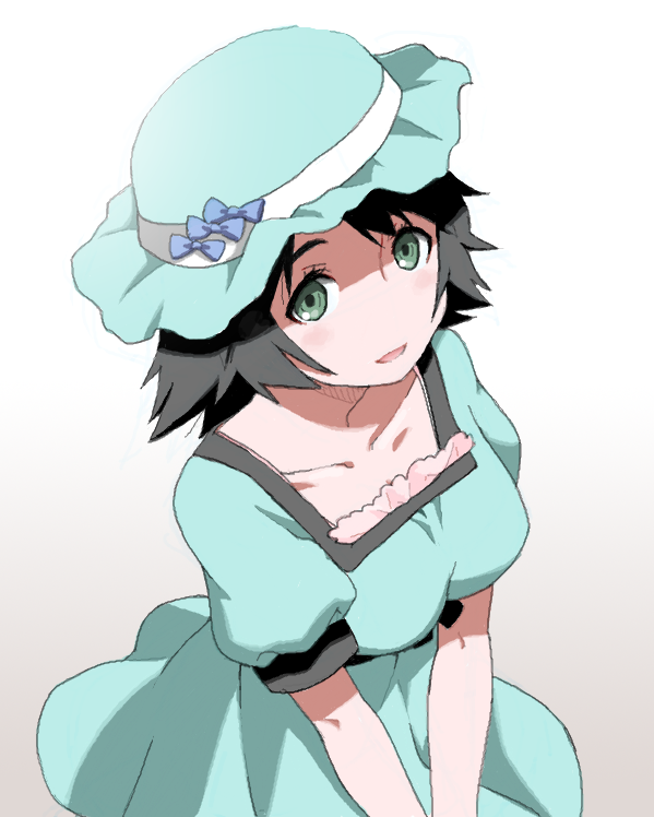 black_hair dress gradient gradient_background green_eyes hat mattaku_mousuke shiina_mayuri short_hair solo steins;gate