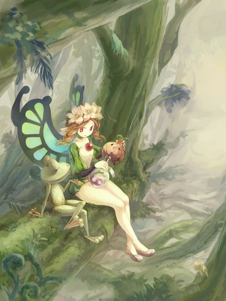 bad_id bad_pixiv_id blonde_hair braid butterfly_wings fairy flask flower forest frog gameplay_mechanics head_wreath hiz ingway_(odin_sphere) mercedes nature odin_sphere onion pointy_ears red_eyes round-bottom_flask sitting solo twin_braids wings