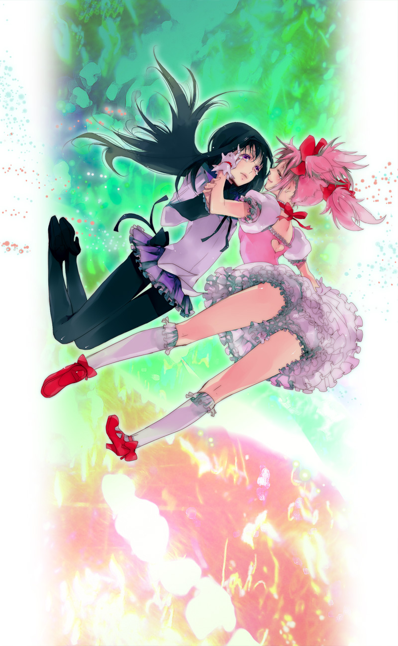 akemi_homura bad_id bad_pixiv_id black_hair closed_eyes frills gloves highres kaname_madoka long_hair magical_girl mahou_shoujo_madoka_magica mmmmm multiple_girls pantyhose pink_hair purple_eyes short_hair tears twintails white_gloves