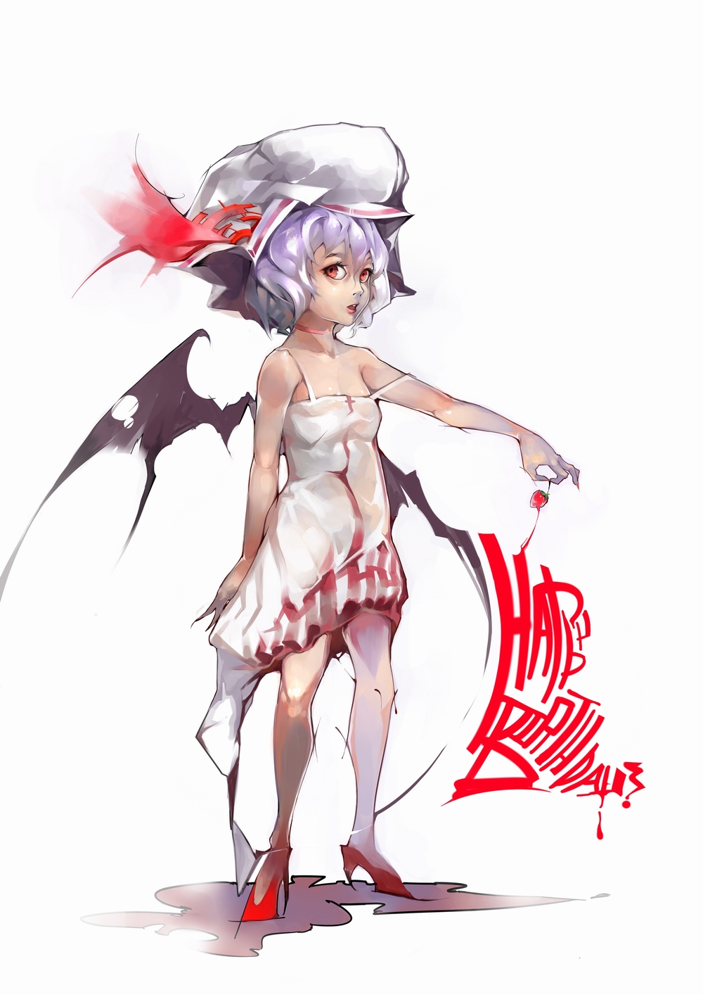 alternate_costume bare_legs bare_shoulders bat_wings bow choker food fruit happy_birthday hat hat_bow high_heels highres holding lavender_hair remilia_scarlet shoes short_hair skirt solo standing strawberry sukya touhou white_skirt wings