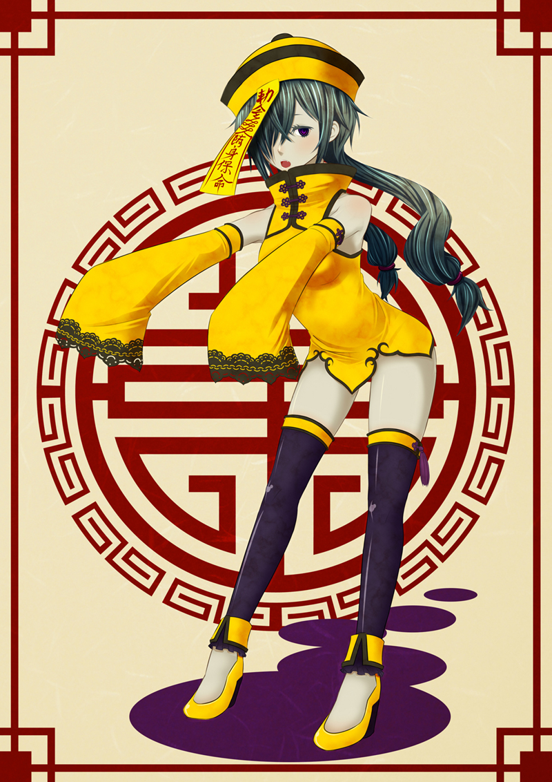 1girl bottomless chinese_clothes detached_sleeves fang female geung_si green_hair grey_skin hair_over_one_eye hair_ribbon hat high_heels jiangshi long_hair ofuda open_mouth original purple_eyes ribbon shoes sleeves_past_wrist sleeves_past_wrists solo strawberry-69 thighhighs twintails