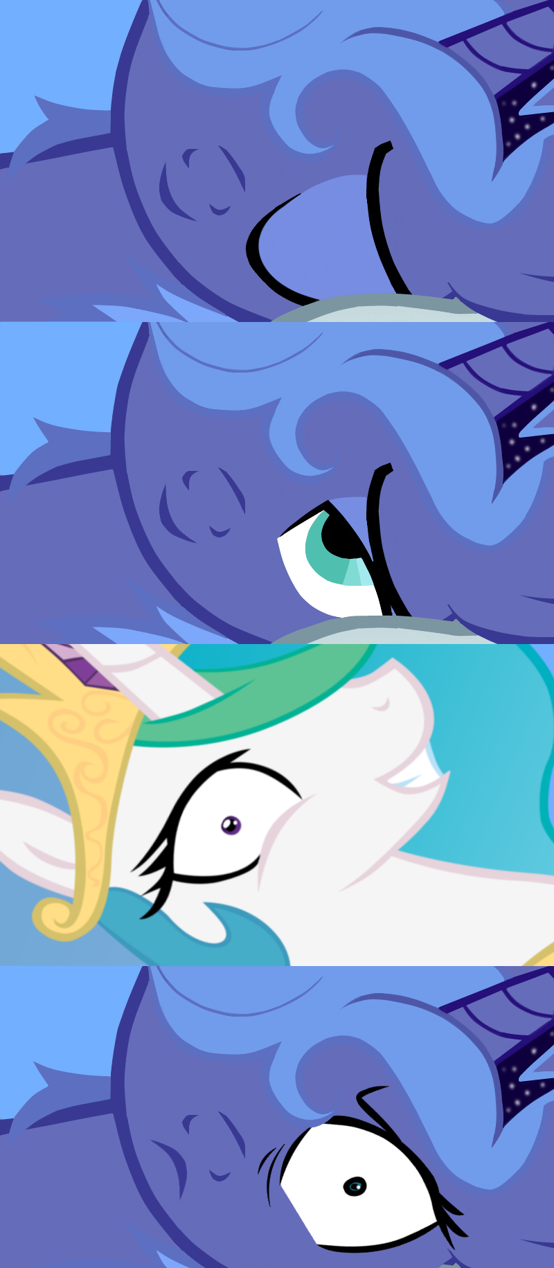 blue_eyes blue_hair comic crown equine eye_contact eyes_closed female friendship_is_magic grin hair hasbro horn horse in_bed mammal messy_hair molestia multi-colored_hair my_little_pony oh_fuck! pegacorn pink_eyes pony princess princess_celestia_(mlp) princess_luna_(mlp) rainbow_hair rape_face royalty sibling sisters unknown_artist waking_up