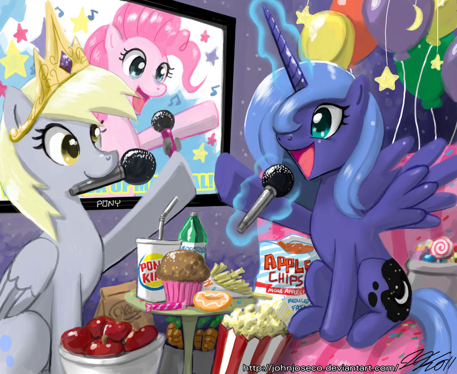 alicorn apple ballons blonde_hair blue_eyes blue_hair candy carrot crown derpy_hooves_(mlp) doughnut equine female friendship_is_magic fruit hair hasbro horse john_joseco microphone muffin my_little_pony party pegacorn pegasus pink_hair pinkie_pie_(mlp) pony popcorn princess_luna_(mlp) television yellow_eyes