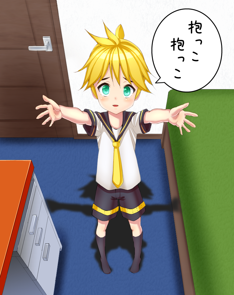 aqua_eyes blonde_hair blush desk kagamine_len male_focus necktie outstretched_arms pov socks solo translated vocaloid