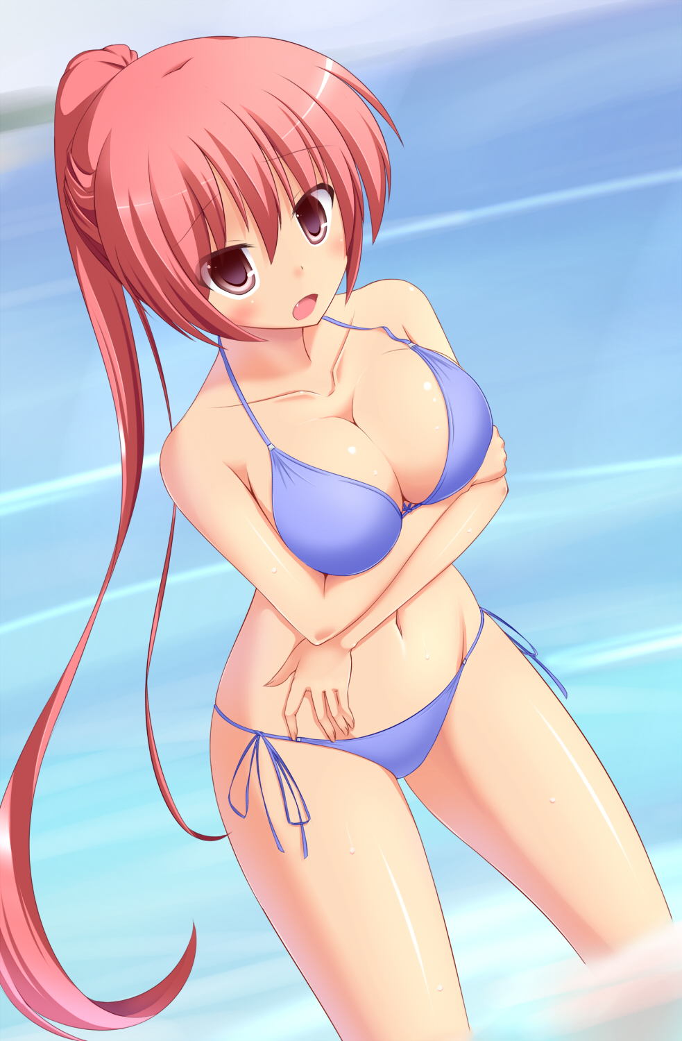 bad_id bad_pixiv_id bangs bare_arms bare_shoulders bikini breasts cleavage collarbone eyebrows_visible_through_hair fang hair_between_eyes highres hyonsan2 large_breasts long_hair looking_at_viewer navel original ponytail red_eyes red_hair solo swimsuit