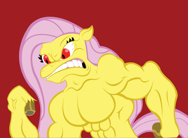 ambiguous_gender angry anthro anthrofied edit equine eyes fluttershy_(mlp) friendship_is_magic geekscomeoutatnight hasbro hooves horse mammal muscles my_little_pony nuttershy pecs plain_background pony red red_background red_eyes solo what