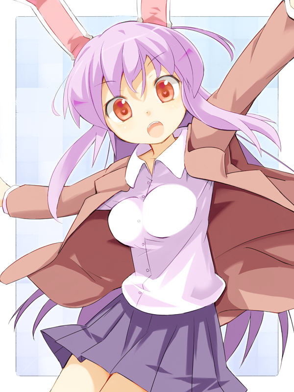 animal_ears bad_id bad_pixiv_id bakushuu breasts bunny_ears dress_shirt heart heart-shaped_pupils impossible_clothes impossible_shirt long_hair looking_at_viewer medium_breasts outstretched_arms pleated_skirt purple_hair red_eyes reisen_udongein_inaba shirt skirt solo spread_arms symbol-shaped_pupils touhou