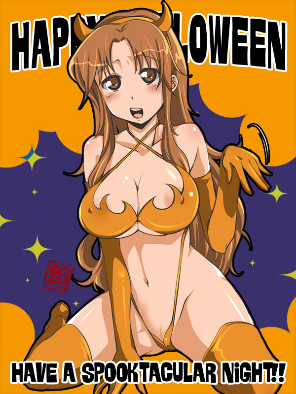 areola_slip areolae bad_id bad_pixiv_id blush breasts brown_eyes brown_hair cameltoe cleavage covered_nipples elbow_gloves english gloves halloween happy_halloween horns hukuhuku large_breasts long_hair navel open_mouth shiny shiny_skin slingshot_swimsuit solo swimsuit takanashi_kozue thighhighs underboob working!!