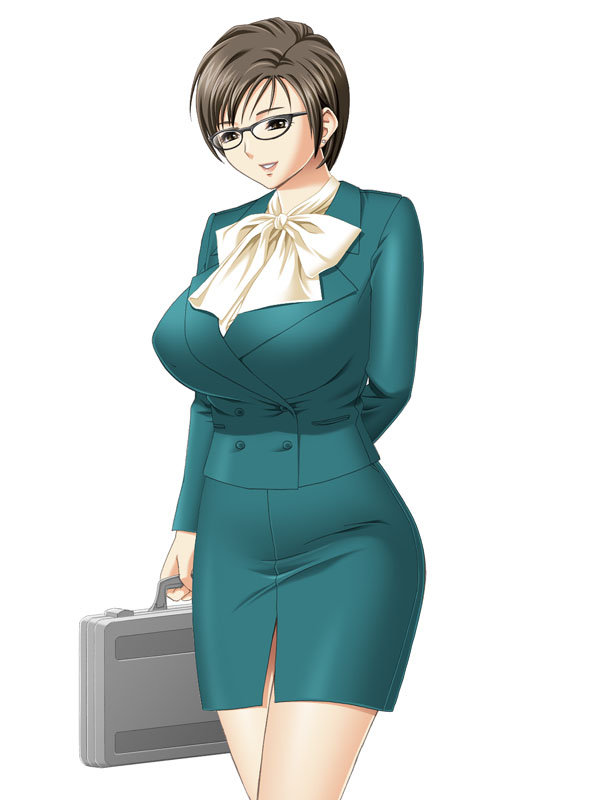 briefcase business_suit formal glasses milk_junkies pencil_skirt short_hair skirt smile solo suit tatsunami_youtoku toyohara_hitomi