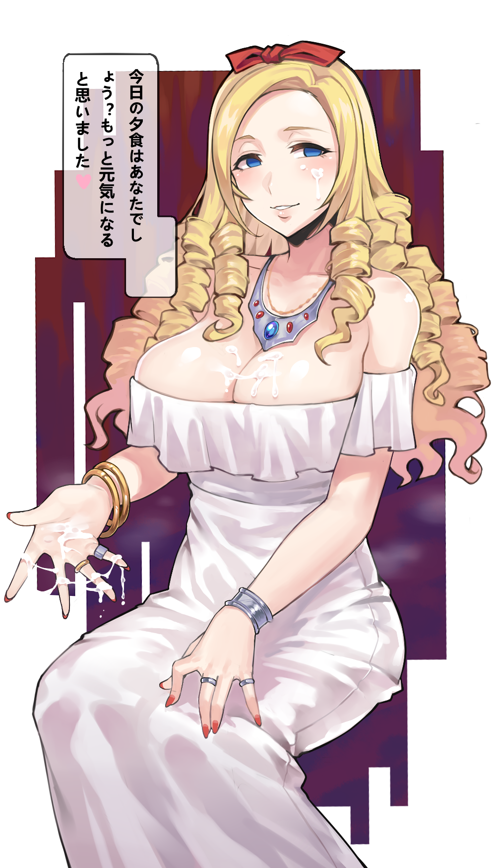 1girl asa_(teng_zi) bare_shoulders blonde_hair blue_eyes blush bow breasts cleavage collarbone cowboy_shot cum cum_on_body cum_on_breasts cum_on_upper_body dress drill_hair eyelashes facial female hair_ornament jewelry large_breasts long_hair looking_at_viewer nail_polish necklace overlord_(maruyama) parted_lips red_bow ring sitting smile solo solution_epsilon translation_request white_dress