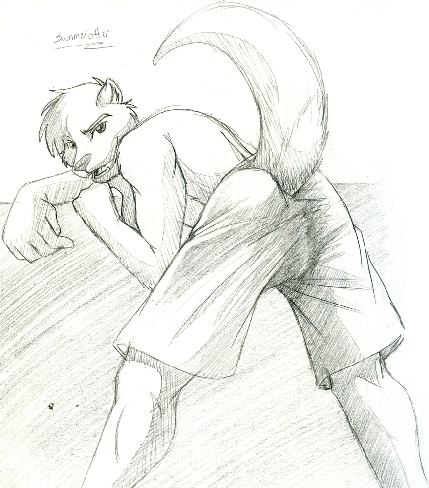 clothing greyscale male mammal monochrome mustelid open_mouth otter plain_background raised_tail shorts sketch solo tail tongue topless unknown_artist white_background