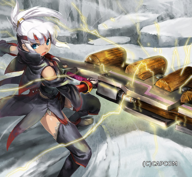 adachi_yousuke blue_eyes boots electricity garter_straps gigginox_(armor) gloves headband monster_hunter monster_hunter_3 open_mouth ponytail shorts solo switch_axe thigh_boots thighhighs weapon white_hair