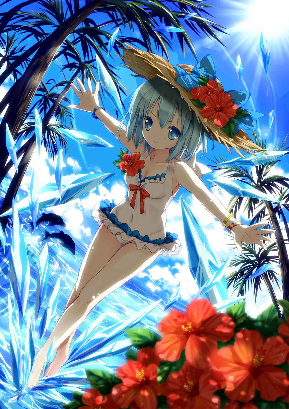 barefoot blue_eyes blue_hair bracelet casual_one-piece_swimsuit cirno cloud day dolphin flower frilled_swimsuit frills hair_flower hair_ornament hat hibiscus highres ice jewelry ocean one-piece_swimsuit outstretched_arms palm_tree sky solo spread_arms straw_hat swimsuit teenage touhou tree wings yukim27