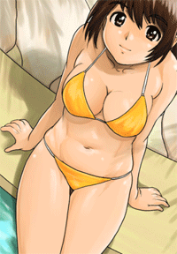 animated animated_gif bikini breast_expansion breasts brown_eyes brown_hair gif lowres plump pool swimsuit weight_gain yellow