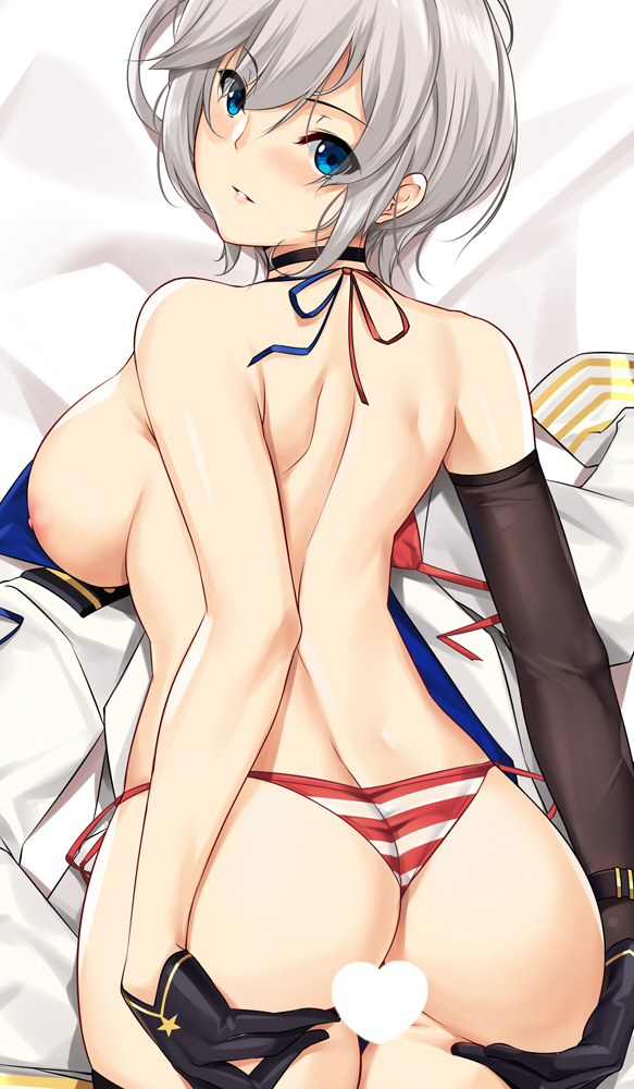 1girl american_flag_bikini ass azur_lane back bangs bikini black_gloves blue_eyes blush boots breasts censored choker cleavage clothes_tug cross dakimakura elbow_gloves eyebrows_visible_through_hair flag_print gloves hair_between_eyes half_gloves heart heart_censor jewelry large_breasts light_smile looking_at_viewer looking_back lying mismatched_gloves mole mole_on_breast navel necklace nipples on_back on_stomach parted_lips short_hair shoulder_blades side-tie_bikini silver_hair single_elbow_glove skirt skirt_removed swimsuit thighhighs thighs tony_guisado topless untied untied_bikini washington_(azur_lane)