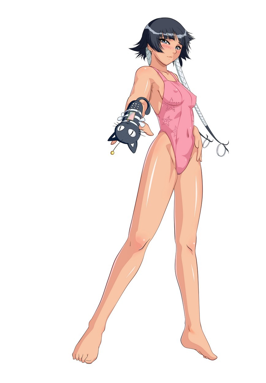 black_hair bleach blue_eyes blush braid breasts cat cordless_phone covered_nipples dorimushirou highres one-piece_swimsuit phone short_hair short_hair_with_long_locks small_breasts solo sui-feng swimsuit
