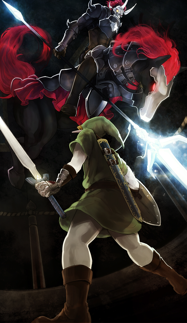 bad_id bad_pixiv_id boots from_behind gauntlets glowing horns horse left-handed link master_sword phantom_ganon pochiharu polearm red_eyes scabbard sheath shield the_legend_of_zelda the_legend_of_zelda:_ocarina_of_time trident weapon yellow_eyes