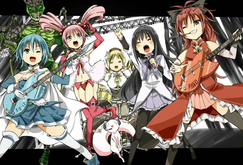 akemi_homura babydoll crossover drum drum_set eichi_(0903275) food guitar instrument kamen_rider kamen_rider_ooo_(series) kaname_madoka kyubey mahou_shoujo_madoka_magica microphone midriff miki_sayaka multiple_girls navel odd_one_out one_eye_closed pantyhose pocky sakura_kyouko smile tomoe_mami uva