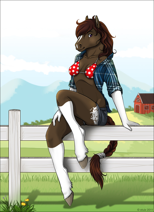 bikini braided_tail breasts broadway~ brown_eyes clothed clothing country equine etuix farm female fence flannel horse looking_at_viewer mammal skimpy solo swimsuit