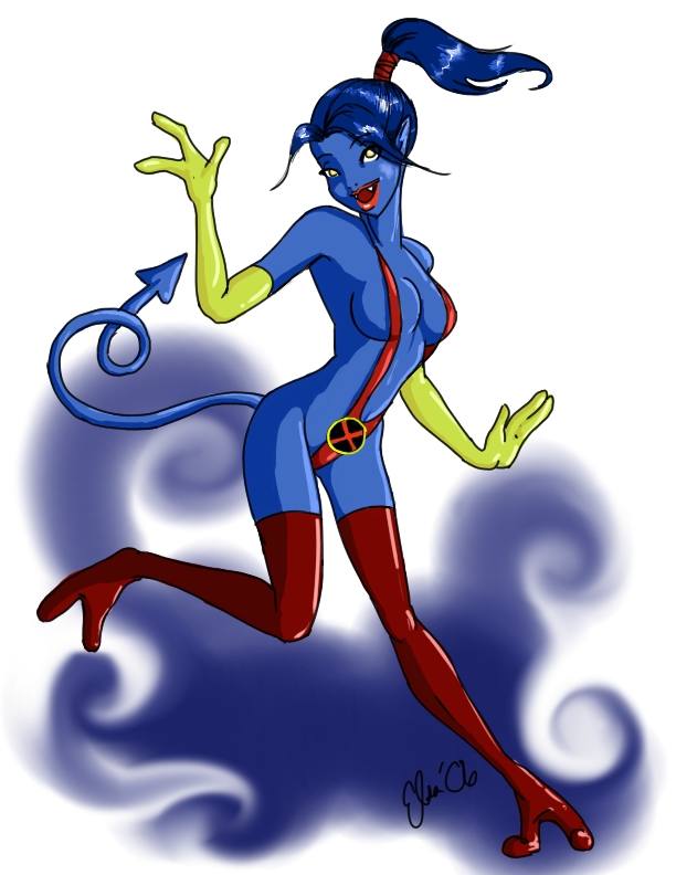 blue butt costume crossgender female gloves hair happy kurt_wagner legs legwear long_hair marvel mutant nightcrawler nude pointy poof purple red smoke solo tail tights unknown_artist x-men yellow yellow_eyes