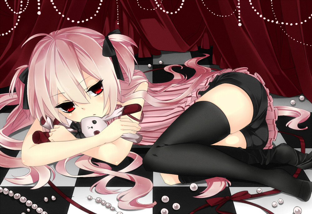 black_legwear checkered checkered_floor doll doll_hug hair_ribbon jewelry kabu_(nico_nico) long_hair lying necklace on_side original pearl_necklace pink_hair red_eyes ribbon shorts solo stuffed_animal stuffed_bunny stuffed_toy thighhighs two_side_up