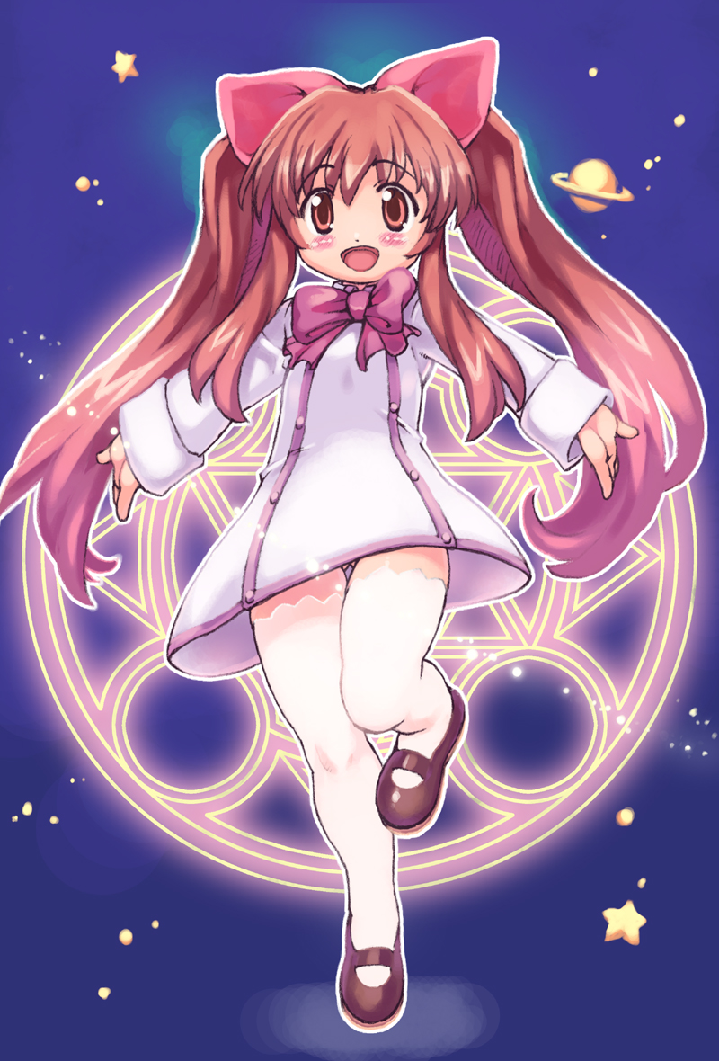 :d aloe_(quiz_magic_academy) bangs blush bow bowtie brown_hair hair_bow legs long_hair magic_circle mary_janes open_mouth outstretched_arms quiz_magic_academy saturn shoes smile solo spread_arms standing standing_on_one_leg star thigh_gap thighhighs twintails yu_3