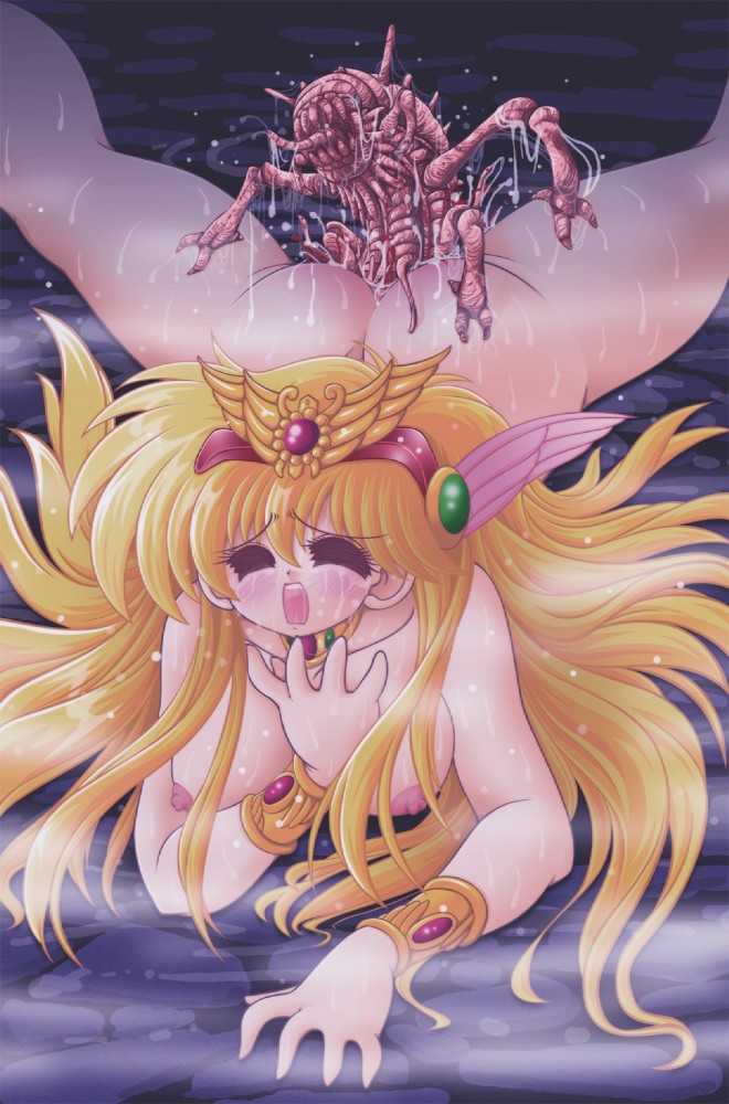 ass birth blonde_hair bracelet bracelets breasts creature_inside crown eyes_closed fog insect jewelry long_hair monster necklace nipples nude open_mouth parasite rock rocks spread_legs sweat tears