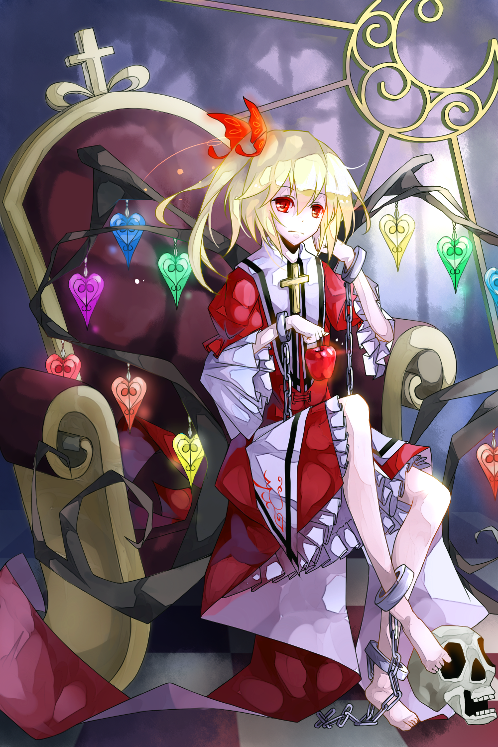 alternate_costume alternate_wings ankle_cuffs apple barefoot blonde_hair butterfly_wings chain chair chin_rest cross cuffs flandre_scarlet food fruit hair_ornament hand_on_own_face handcuffs heart highres mewkoala no_hat no_headwear red_eyes shackles sitting skull solo touhou wings