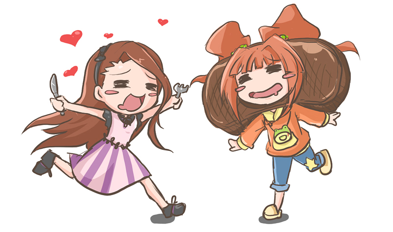 :d blush_stickers brown_hair chibi costume denim food fork hairband heart hungry idolmaster idolmaster_(classic) jeans jin_(lili_to_marigold) knife long_hair minase_iori multiple_girls open_mouth orange_hair outstretched_arms pants running short_hair slippers smile star steak takatsuki_yayoi twintails