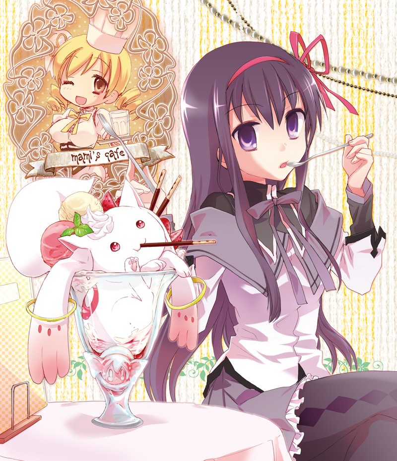 ;d akemi_homura black_hair blonde_hair chef_hat cream food fruit hair_ornament hairband hat ice_cream kyubey long_hair mahou_shoujo_madoka_magica mei_(abliss) multiple_girls one_eye_closed open_mouth pantyhose ribbon smile spoon strawberry tomoe_mami