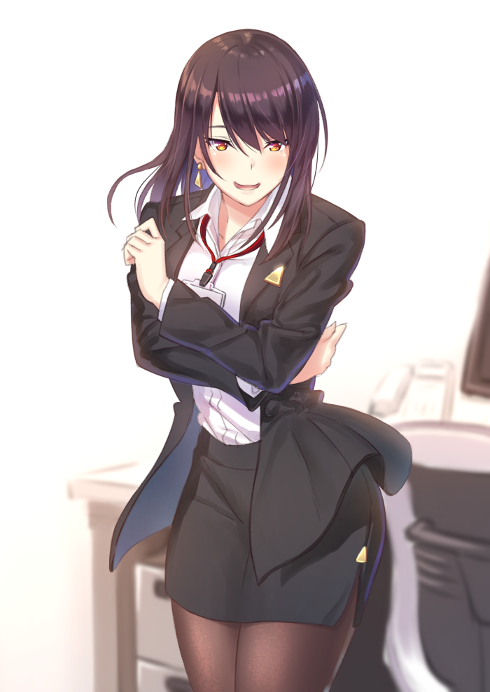 1girl black_hair black_jacket black_legwear black_skirt brown_eyes commentary_request earrings ese_shinshi formal grin jacket jewelry long_hair looking_at_viewer name_tag office office_lady original pantyhose shirt skirt smile solo suit white_background white_shirt