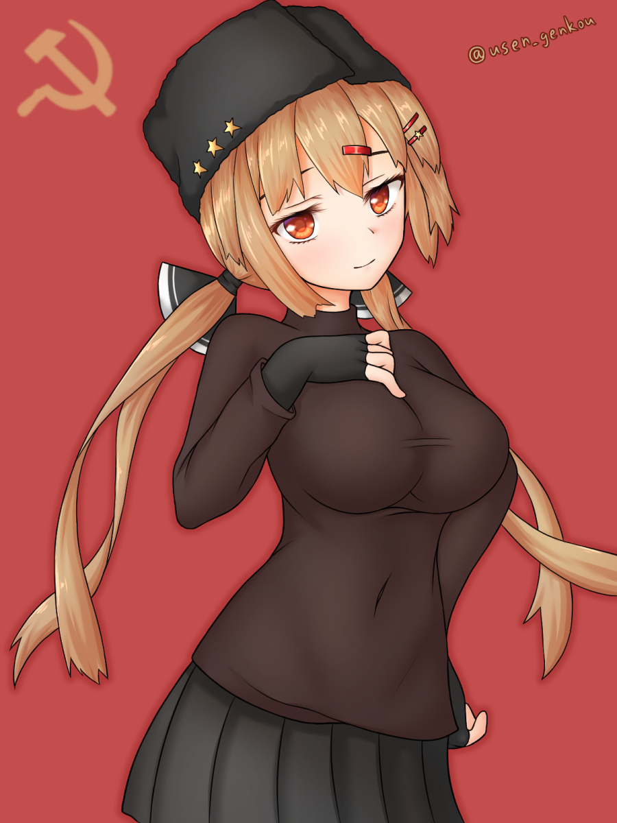 1girl black_bow black_gloves black_hat black_shirt black_skirt bow brown_eyes brown_hair cowboy_shot fingerless_gloves gloves hair_bow hair_ornament hairclip hammer_and_sickle hat head_tilt highres kantai_collection long_hair long_sleeves looking_at_viewer low_twintails navel papakha pleated_skirt red_background shirt simple_background skirt solo tashkent_(kantai_collection) twintails twitter_username untucked_shirt usen_genkou