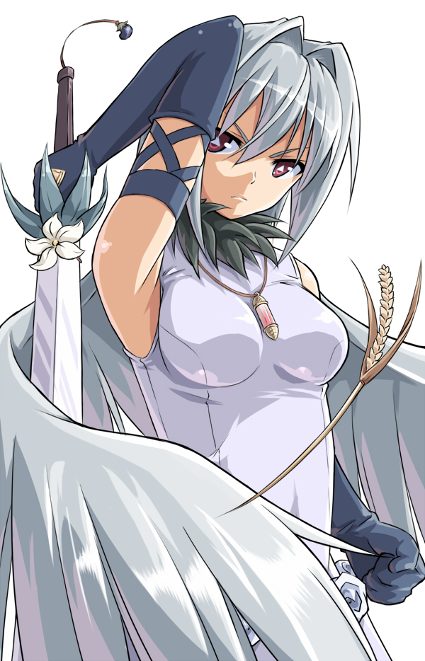 angel_wings bad_id bad_pixiv_id boko_(maniacpurple) breasts dress elbow_gloves engi_threepiece gloves jewelry large_breasts long_hair looking_at_viewer pendant purple_eyes simple_background solo sword symbol-shaped_pupils weapon white_background white_hair wings yumekui_merry
