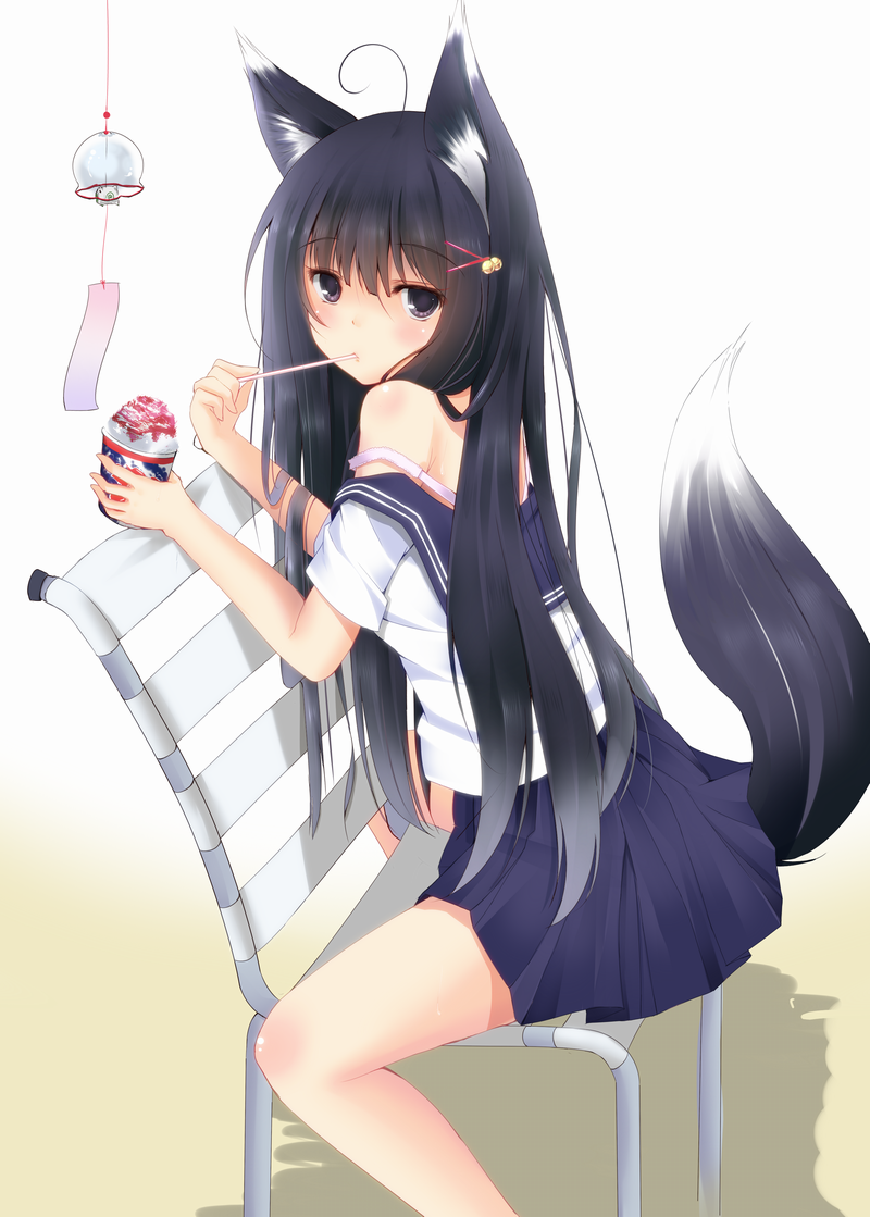 animal_ears black_hair blush bra_strap chair eating food hair_ornament ice_cream long_hair original patio_chair purple_eyes school_uniform second_heaven sitting sitting_backwards skirt solo spread_legs tail