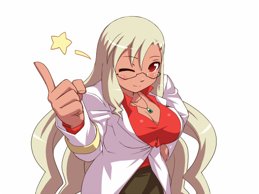 aq_interactive arcana_heart arcana_heart_2 atlus blonde_hair breasts cleavage dark_skin examu glasses hair_ornament hairclip jewelry large_breasts long_hair misao_(kami_no_misoshiru) necklace parace_l'sia parace_l'sia red_eyes smile solo wink