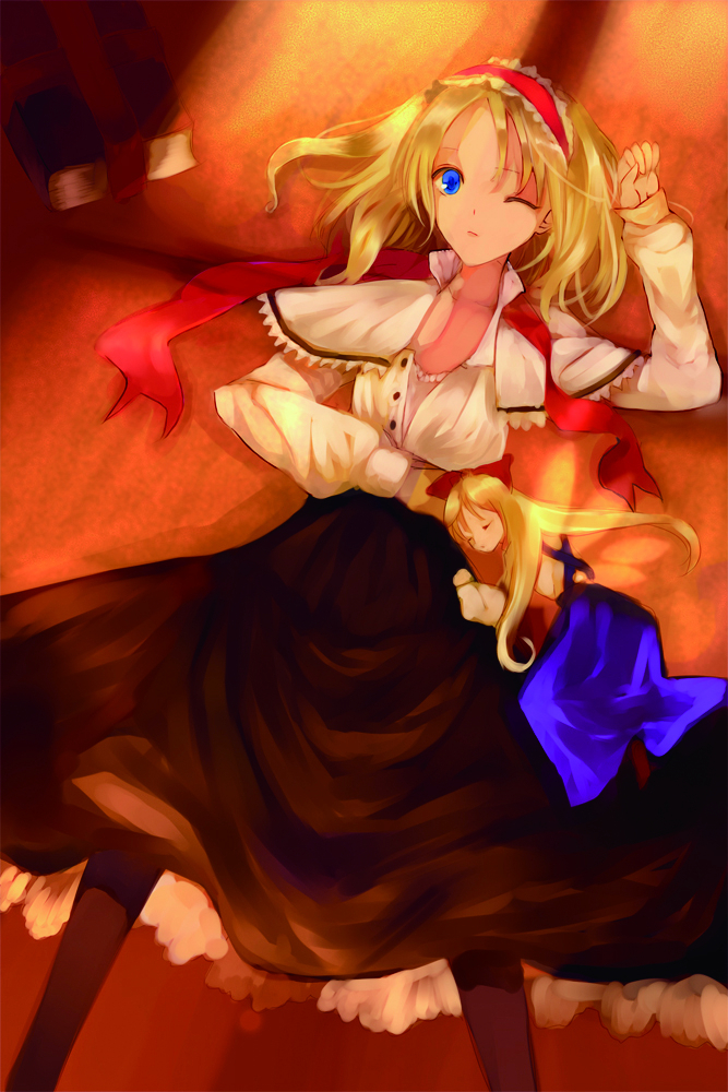 alice_margatroid bad_id bad_pixiv_id blonde_hair blue_eyes book doll indoors kol49 long_hair long_skirt lying one_eye_closed open_clothes pantyhose shanghai_doll short_hair skirt solo sunset touhou twilight unbuttoned