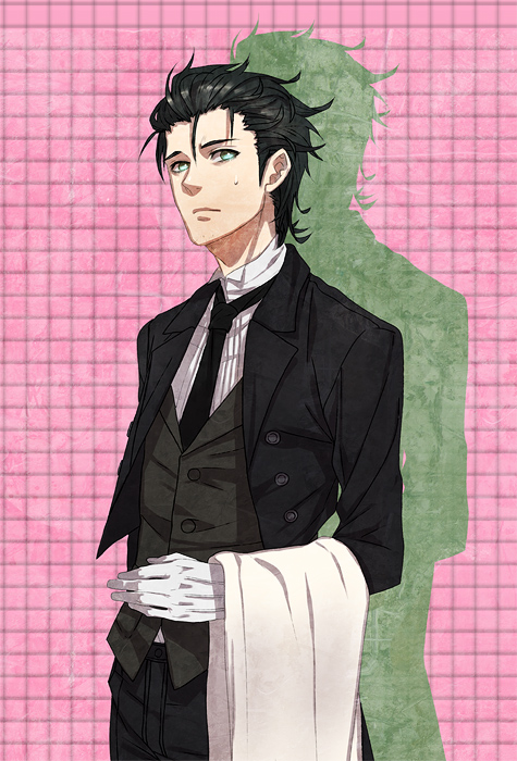 alternate_costume black_hair blue_eyes butler gloves kokutan_kitsunen male_focus necktie okabe_rintarou solo steins;gate sweatdrop