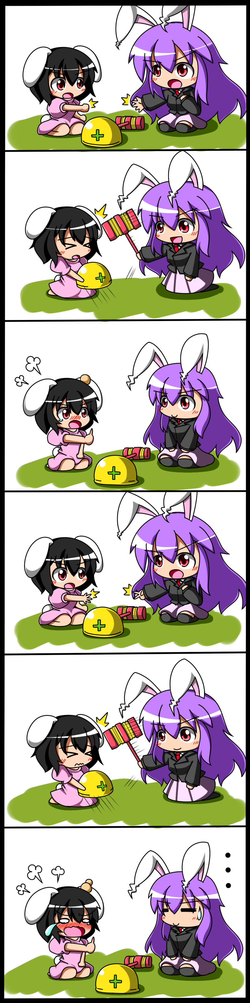 &gt;_&lt; /\/\/\ 2girls absurdres animal_ears black_hair blush_stickers bunny_ears bunny_tail chibi closed_eyes comic cross feiton hammer head_bump helmet highres inaba_tewi long_hair long_image multiple_girls necktie purple_hair red_eyes reisen_udongein_inaba rock_paper_scissors role_reversal silent_comic sitting skirt smile snort squeaky_mallet sweatdrop tail tall_image tears thighhighs touhou