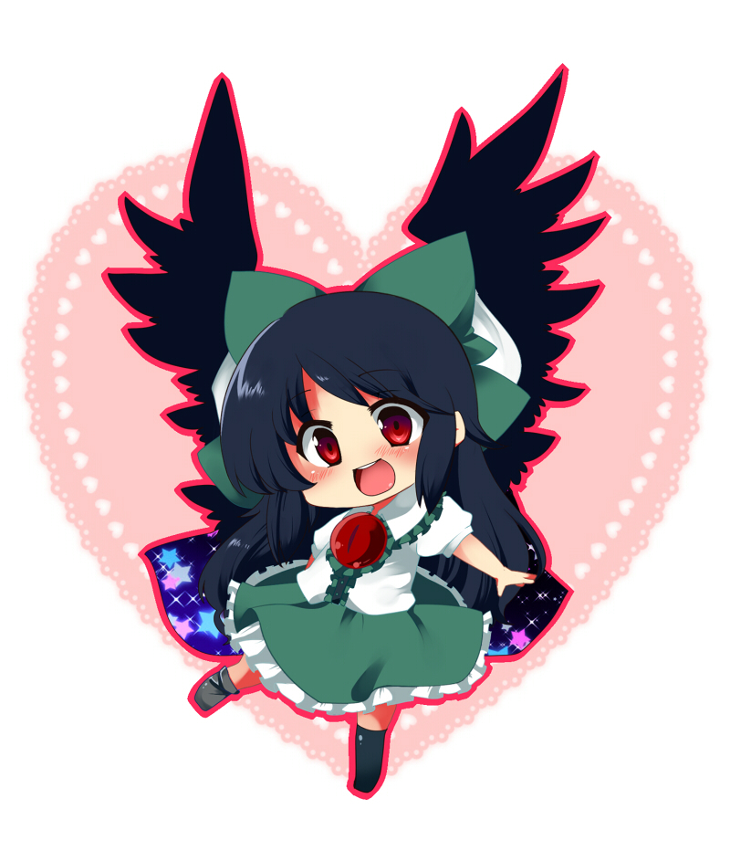 bad_id bad_pixiv_id black_hair black_wings blush bow cape chibi full_body green_bow hair_bow happy head_tilt large_bow long_hair matatabi_maru open_mouth red_eyes reiuji_utsuho smile solo standing standing_on_one_leg star touhou wings