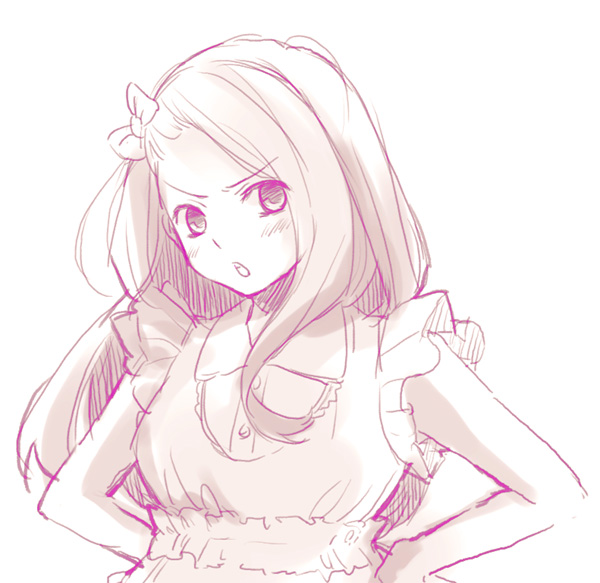 blush bow face frown hair_bow hands_on_hips idolmaster idolmaster_(classic) idolmaster_2 long_hair minase_iori monochrome nogoodlife open_mouth sketch solo tsundere upper_body