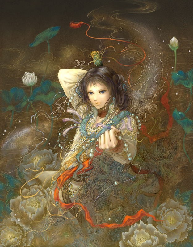 androgynous arm_up beads black_hair blue_eyes broken brown_hair closed_mouth dragon eastern_dragon flower holding long_hair long_sleeves looking_at_viewer lotus male_focus mizura original outstretched_arm pearl peony_(flower) pond ready_to_draw smoke solo tassel white_flower zakuron