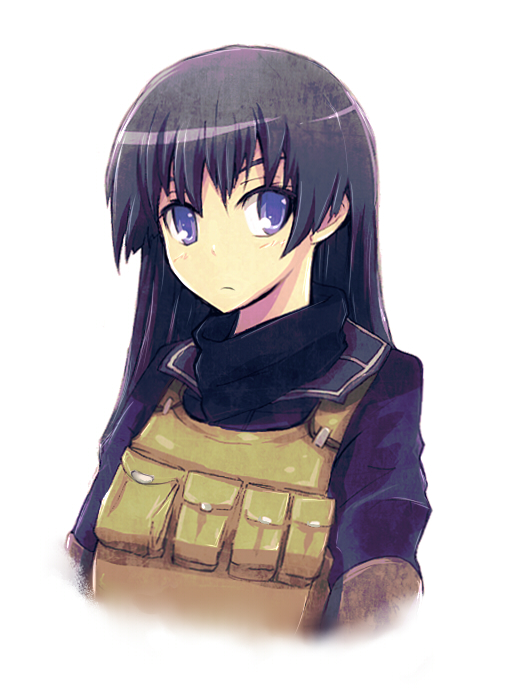 bib black_hair blue_eyes load_bearing_vest long_hair looking_at_viewer saten_ruiko simple_background solo to_aru_kagaku_no_railgun to_aru_majutsu_no_index tom_(drpow) white_background