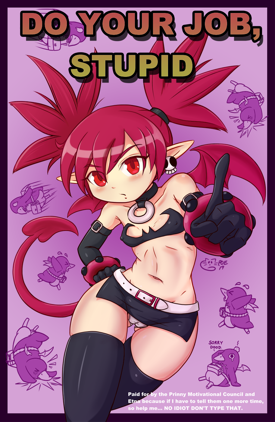 2019 5_fingers armwear belt biped bracelet breasts camel_toe clothed clothing collar dialogue digital_media_(artwork) disgaea elbow_gloves english_text etna eyebrows eyelashes female gloves hair hi_res humanoid jewelry legwear looking_at_viewer membranous_wings navel nipple_outline pale_skin panties poethewondercat pointing pointy_ears red_eyebrows red_eyes red_hair red_tail red_wings skimpy skirt small_breasts small_wings spade_tail stockings text thigh_highs underwear video_games winged_humanoid wings young