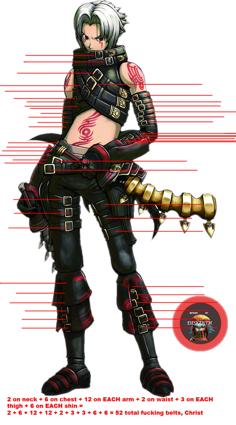 .hack .hack// .hack//g.u. 1boy bandai belt collar cyber_connect_2 full_body funny haseo highres male male_focus midriff solo strap tattoo thigh_strap white_hair