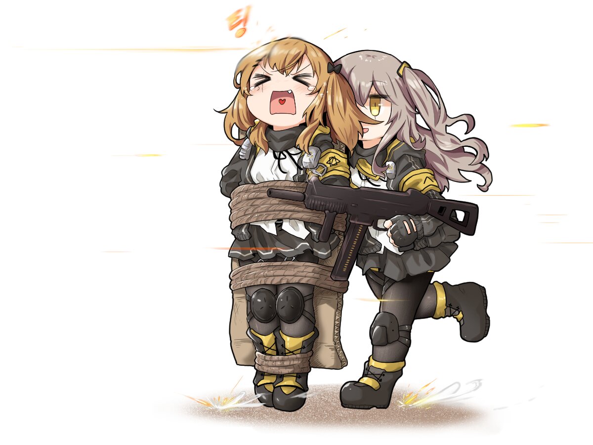 2girls 404_logo_(girls_frontline) armband artist_request boots bound brown_hair crying girls_frontline grey_hair gun h&amp;k_ump human_shield multiple_girls rope siblings side_ponytail sisters submachine_gun tied_up twins twintails ump45_(girls_frontline) ump9_(girls_frontline) weapon yellow_eyes