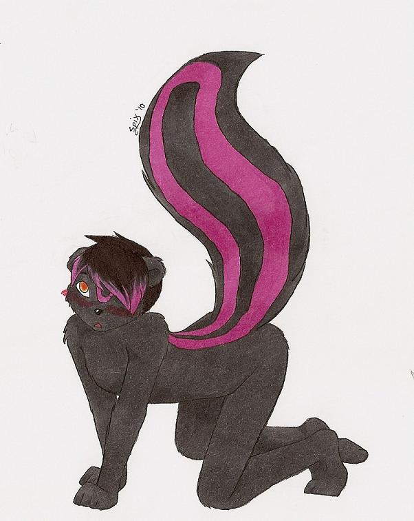 all_fours bedroom_eyes black black_fur blush cute doggy_position fur hair looking_at_viewer male mammal mephit nikolai nude pink plain_background purple_fur raised_tail side_view skunk solo spix spixystix stripe tail white_background young