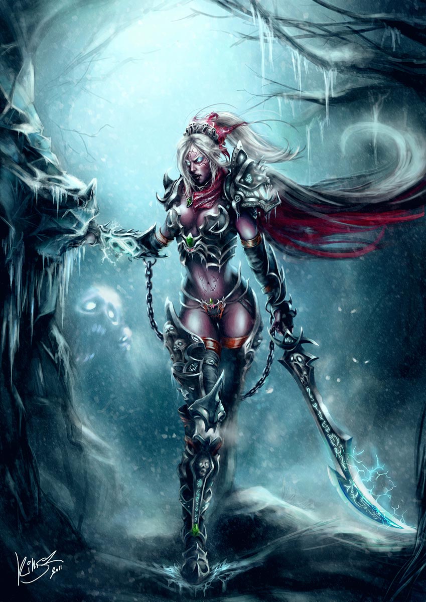 chain clothed clothing death_knight elf female hair illegible_signature night_elf skimpy solo sword unconvincing_armor unconvincing_armour undead unknown_artist video_games warcraft weapon white_hair world_of_warcraft