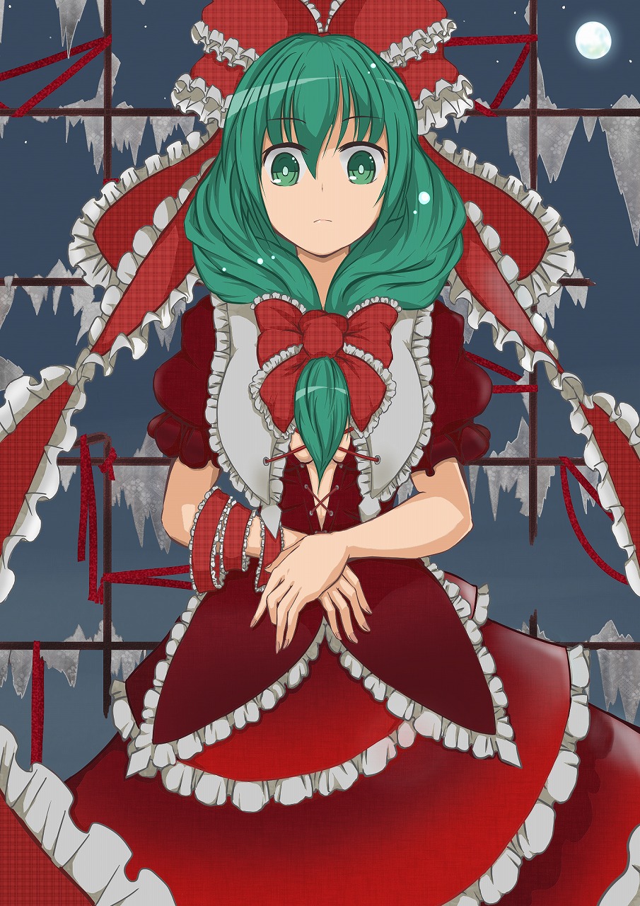 bad_id bad_pixiv_id bow breasts broken_glass dress frills front_ponytail frown full_moon glass green_eyes green_hair hair_bow hair_ribbon highres kagiyama_hina medium_breasts moon ribbon solo sumibi touhou window